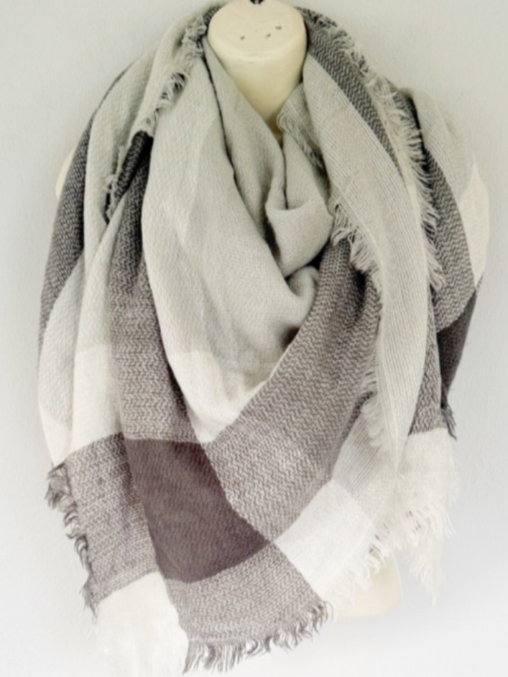 Sylvia Alexander silver gray plaid print oversized square fringe trim scarf OS